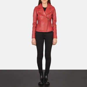 Veste de moto en cuir véritable rouge pour femme, manches longues, fermeture éclair, col ouvert, style streetwear automne, veste de motard - Product Image 5