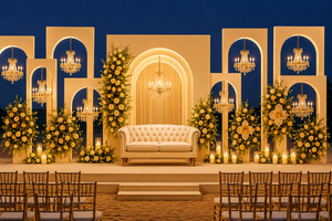 Décor mural de scène de mariage en bois blanc de style moghol, cadres en bois Jali d'inspiration marocaine tendance pour la décoration de scène de mariage - Product Image 4