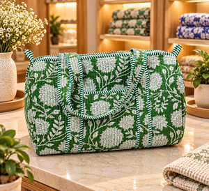 Green Casual Luxury Sport Large Capacity Durable Cotton Kantha Quilted <b>Weekender</b> <b>Travel</b> Duffel <b>Bag</b> with Zipper - Product Image 1