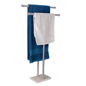Standing Towel Rack Double T Shape <b>Tall</b> Bath Towel Sheet Holder with Marble Design Base Hanging Rod for Decorate your Bathroom - Product Image 1