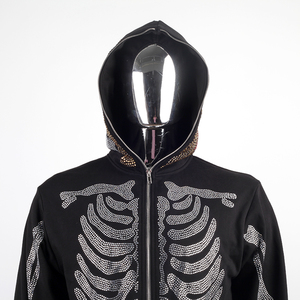 Men's <b>Black</b> Hooded <b>Sweatshirt</b> Rhinestone Solid Design Front Regular Fit Fleece Polyester/Cotton Breathable Quick Dry Winter - Product Image 6