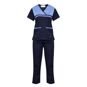 Conjunto de Uniforme Médico para Mujer, Color Azul Marino, Cuello en V, Manga Corta, Pantalones y Blusa de Poliéster Tejido - Product Image 1