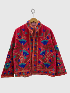 Veste en coton brodée à la main avec des motifs floraux, manches longues, col mandarin, taille plus, style Prairie Chic, vêtements d'hiver pour femmes - Product Image 1