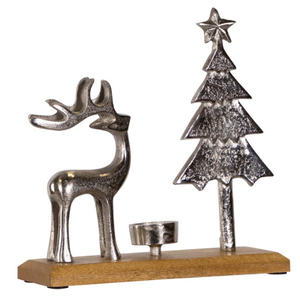 Portavelas Metálico Navideño con Diseño de Reno y Árbol Plateado de 10 Pulgadas - Product Image 2