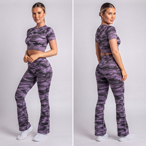 Camo Printed <b>Women</b> Crop Top Yoga Set 100% Polyester Ladies Gym Fitness Short Sleeve Top <b>Flare</b> <b>Leggings</b> 2 Piece Yoga Wear Set - Product Image 4