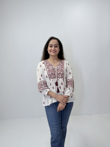 Blusa Blanca de Viscosa con Bordado, Estilo Peplum, Cuello en V, Adorno de Hilo Marrón, Lazos, Estilo Bohemio, Étnico, Casual, para Otoño, Primavera y Verano - Product Image 2