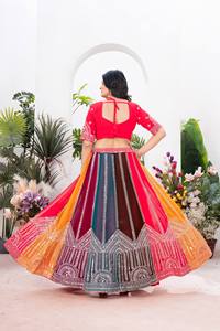 Stylish Indian <b>Designer</b> <b>Lehenga</b> With Embroidered Organza And Tulle V-Neck Short Sleeve A-Line Floor-Length Bohemian Ethnic Wear - Product Image 3