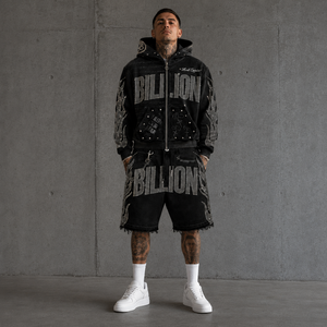 Ensemble Sur-Mesure Sweat à Capuche Délavé et Short, Tenue de Sport Streetwear Coupe Courte Dégraissée, Survêtement à Strass Effet Vieilli avec Sweat à Capuche Zippé et Pantalon de Survêtement - Product Image 3