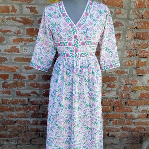 Hand <b>Block</b> Printed 100% Cotton Indian Dress V-neck Long Sleeve Floral <b>Print</b> Casual Tunics and Long Gown Dress For Women - Product Image 1