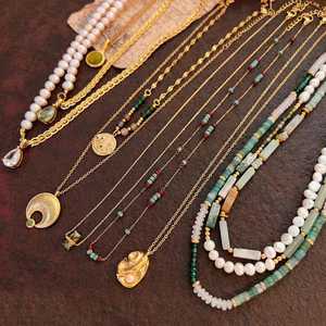 Boho Layered Necklace Green Stone 925 Sterling Silver 14K Gold Plated <b>Beaded</b> Gold Charm Pearl Turquoise Necklace - Product Image 5