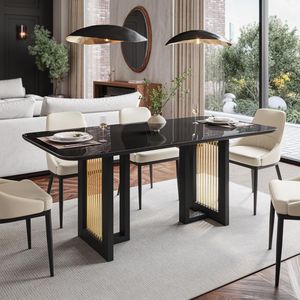 Table à manger moderne 6 places avec accents noirs et dorés - Product Image 1