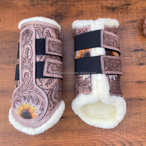 รองเท้าบูทสไตล์อังกฤษหนังวัวลายดอกทานตะวันทำด้วยมือสไตล์ตะวันตกรองเท้าบูทหุ้มข้อหนังแท้อุปกรณ์เสริมสำหรับม้า - Product Image 4