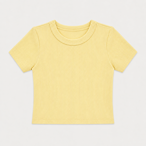 Camiseta de algodón acanalado con cuello redondo para niñas, manga corta, ajuste casual, suave, elástica, transpirable, para verano, color liso - Product Image 5