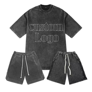 Men's Garment Acid Wash Cotton T-Shirt & Shorts Set Solid Color Casual Summer Wear Knitted Fabric Drawstring Waist - Product Image 6