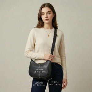 Women Genuine Leather Durable Single Zipper <b>Small</b> Crescent Crossbody <b>Bag</b> Minimalist Half Moon Shoulder Handbag for Travel <b>Black</b> - Product Image 6