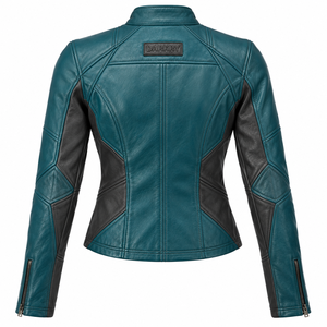 Teal Blue <b>Leather</b> Jacket Womens Dark Charcoal Patchwork Snap Neck Biker <b>Top</b> Zip Pocket Fitted Custom Speedway Rider Outerwear - Product Image 2
