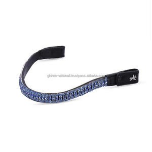 Finest Leather Handmade Horse <b>Bridle</b> Racing Brow Band Decorated With 3 Row Blue Shining Crystals Diamante Bling Brow Band - Product Image 2