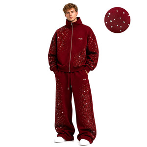 Custom Logo Burgundy Sparkly Full Zip <b>Rhinestone</b> Oversized <b>Jacket</b> Baggy Sweatpants Men 450GSM Heavy Fleece Hip Hop Bling Hoodies - Product Image 1