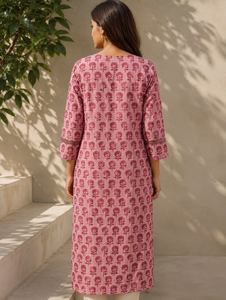 Kurti rose à imprimé floral pour femme, col en V, manches trois quarts, coupe droite, tunique ethnique, décontractée, élégante, confortable, à porter au quotidien - Product Image 2