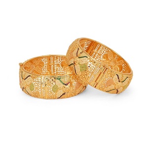 Premium Hinged Gold Look Metal Bracelet Featuring Artistic Meena Enamel <b>Colour</b> Detailing with Surface <b>Shaping</b> <b>and</b> Cutwork - Product Image 3