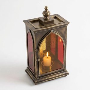 Antique Brass Tabletop Lantern 26 cm Handmade Glass & Brass Candle Holder with Double Flame <b>Mandir</b> Arch Home Decorative Item - Product Image 3