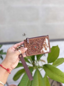 Beautiful Designer Genuine Leather ATM Card Holder Stylish <b>Clutch</b> Coin Purse Hand Tooled Leather Floral Cowhide Women's Purse - Product Image 3