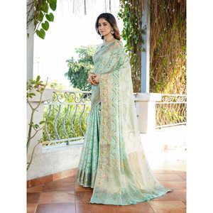 Sari Patola en organza de soie tissé Zari Elite Weaves Sky Silk, élégant pour les fêtes, motif tissé complexe, protection solaire toutes saisons, 600g - Product Image 2