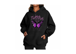 Sweat à capuche décontracté coupe ample imprimé papillon dessin animé, couleur prune foncé, en tissu polyester/coton, avec motif au dos bleu sarcelle contrastant - Product Image 2