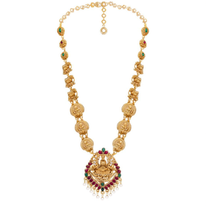 Ethnic Rhodium Plated Zircon Lakshmi <b>Pearl</b> Stone <b>Necklace</b> <b>Set</b> for Bridal - Product Image 2