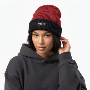 Bonnet tricoté bicolore personnalisé avec étiquette tissée, unisexe, à revers côtelé, pour l'hiver – Vente en gros - Product Image 2