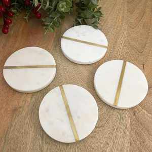 Handcrafted Natural White Round Marble <b>Coaster</b> <b>Set</b> Metal Inlay Elegant Premium Design for Luxury Home Decor Coffee Table - Product Image 3