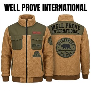 Heavyweight 240GSM Sherpa Bomber <b>Jacket</b> <b>Black</b> Grey Jacquard <b>Fleece</b> All Over Printed Waterproof Windproof Camouflage Patch Pocket - Product Image 2