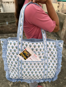 Customized Quilted Cotton Vintage Floral Quilted Large Ruffle Tote <b>Bag</b> Handprinted <b>Boho</b> Shopping <b>Bag</b> for Women - Product Image 4