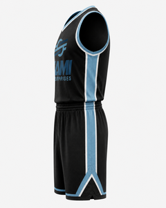 Ensemble de maillots de basketball SAMI ENTERPRISES, uniforme en mesh sublimé noir et bleu, col en V, sans manches, taille élastique, tenue d'équipe personnalisée pour - Product Image 3