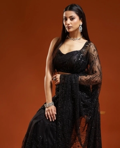 Sari de red bordado estilo Bollywood KV (Negro) - Product Image 6