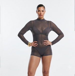 Women <b>Sheer</b> Mesh Jumpsuit Turtleneck Long Sleeve High Waist Solid Clubwear <b>Bodysuits</b> Sexy <b>Bodysuit</b> See Through One Piece Women - Product Image 2