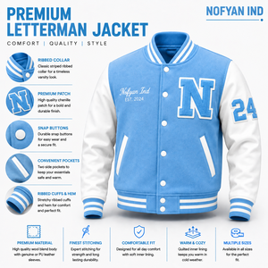 ผู้ผลิตเสื้อแจ็คเก็ตวาร์ซิตี้แบบกำหนดเอง ขายส่งเสื้อแจ็คเก็ต Letterman รับผลิตแบบ OEM/ODM เสื้อแจ็คเก็ตบอมเบอร์ปักโลโก้สำหรับผู้ชายและผู้หญิง คุณภาพพรีเมียม - Product Image 1