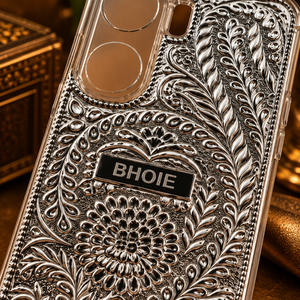 Coque de téléphone portable en argent sterling 925, motif floral monogramme, oxydée, style antique, bijoux Bindi de qualité supérieure, pour un design de luxe - Product Image 3
