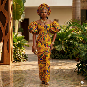 Robe longue en tissu wax africain marron et noir avec manches bouffantes et ensemble de foulard Gele assorti - Product Image 5