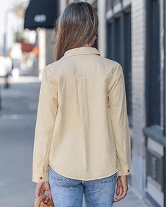 Chemise boutonnée en coton rouge pour femmes, manches trois quarts, couleur unie, col rabattu, coupe régulière, hauts de loisirs toutes saisons - Product Image 2