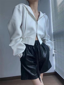 Sudadera Corta con Capucha y Cierre para Mujer, Color Blanco, Manga Larga, Hombros Caídos, Tejido de Punto, Estilo Casual para Otoño - Product Image 5