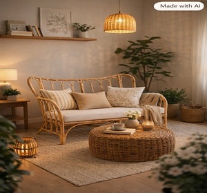 Canapé d'angle deux places en bambou artisanal au meilleur prix, dossier incurvé en forme de S, accoudoirs rembourrés, coussin blanc, pieds en bois de style mid-century modern - Product Image 2