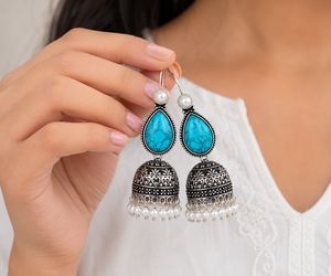 Factory Direct Oxidized <b>Silver</b> Turquoise Stone Pearl Jhumka <b>Earrings</b> Handmade Indian Ethnic <b>Dangle</b> Drop <b>Earrings</b> for Women - Product Image 4