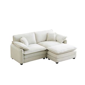 Two-Seater L-Shaped Corduroy <b>Sofa</b> with Ottoman Beige <b>Small</b> Living Spaces Living Room Furniture - Product Image 5