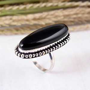 SHYAM JEWELRS Long Nanette Black Onyx Silver Antique Large Gemstone <b>Statement</b> <b>Ring</b> Tribal Scalloped Edge Design Boho Hippie - Product Image 1
