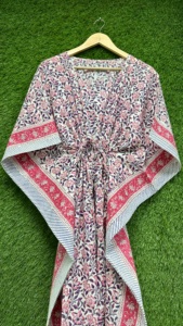 Robe Kaftan Bohème en Coton pour Femme, Imprimé Floral, Col en V, Taille à Cordon, Manches Larges, Parfaite pour la Plage, les Vacances et les Soirées - Product Image 5