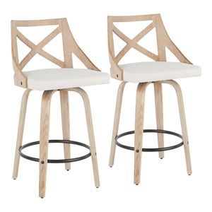 Sgabello da bancone Charlotte da 26 pollici a altezza fissa, in legno bianco sbiancato e tessuto crema, con funzione girevole, set di 2 sedie da pranzo in stile rustico - Product Image 1