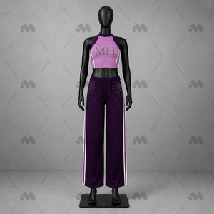 Ensemble d'uniformes de cheerleading personnalisés en polyester : haut court dos nu et pantalon large avec strass sur le devant – Tenue de performance pour équipe universitaire - Product Image 1