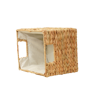 Panier de rangement carré en jacinthe d'eau naturelle tressé à la main, écologique, avec doublure en tissu et poignées intégrées pour l'organisation des étagères - Product Image 5