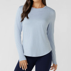 Workout Shirt Seamless Breathable Curved Hem <b>Long</b> Sleeve Thumb Hole Sports Running Top Women Yoga Wear Crew Neck Shirt Plain - Product Image 1